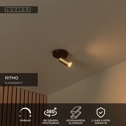 Lucide RITMO - Plafondspot - Ø 10 cm - 1xGU10 (MR11) - Mat Goud / Messing - USP